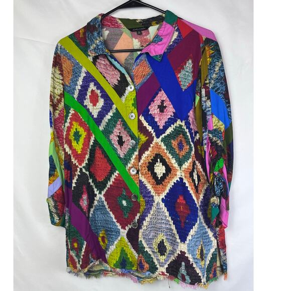 John Mark Women Small Multicolor Button Up 3/4 Sleeve Boho Chic Blouse - Picture 1 of 9